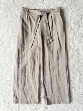 Loft Woman Cream High Rise Wide Leg Tie Front Flowy Pants MEDIUM Classic Preppy